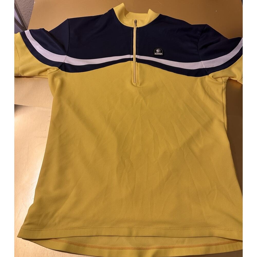 Sugoi Cycling Jersey Men Large Half Zip CoreTech Yellow Blue & White 3 Pockets